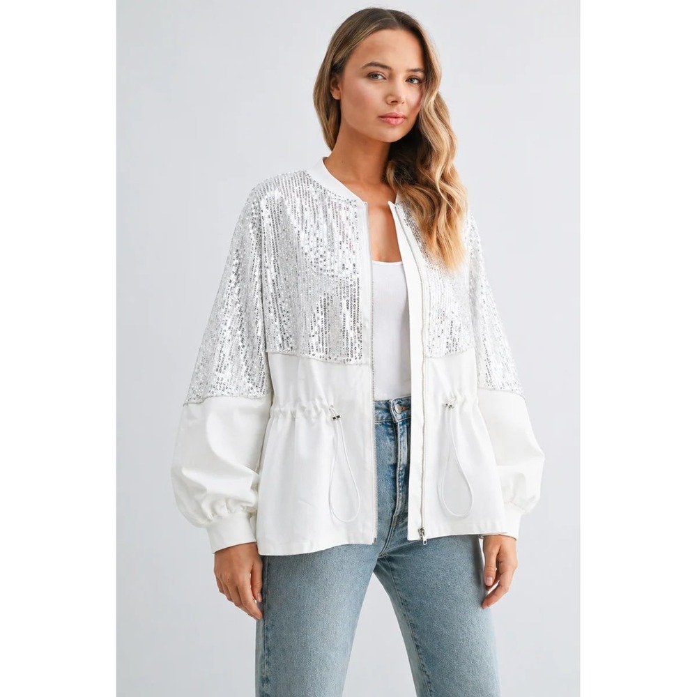 Joh Sequin Jacket Women M White Silver Drawstring Waist Lantern Sleeve Bomber